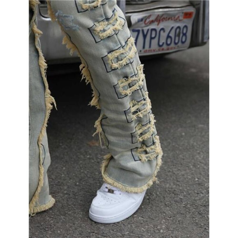New w Tags Men's Ripped Bootcut Jeans Slim Fit Bell Bottom Ripped Flared Denim - Picture 4 of 7